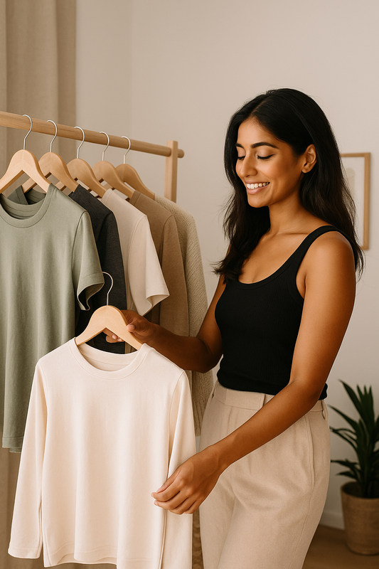Woman in front of a sustainable capsule wardrobe