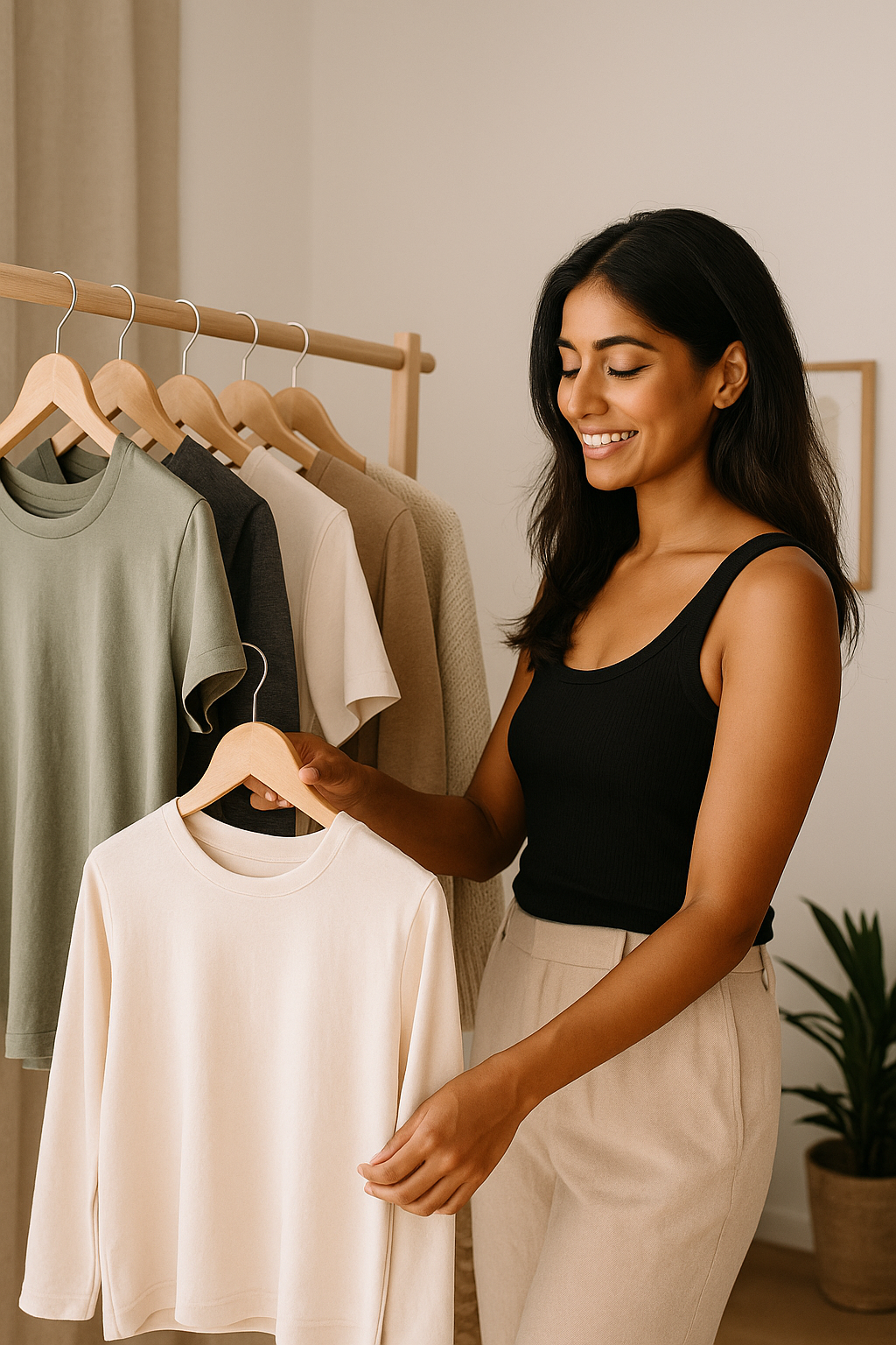 Woman in front of a sustainable capsule wardrobe