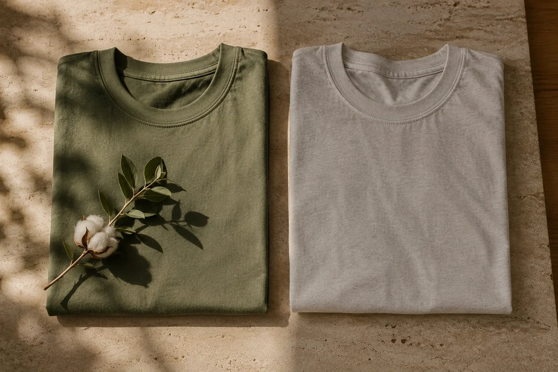 Organic cotton vs regular cotton T-shirts showing differences in fabric texture and natural finish