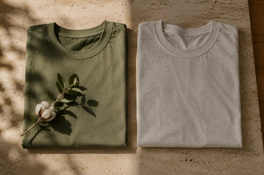 Organic cotton vs regular cotton T-shirts showing differences in fabric texture and natural finish