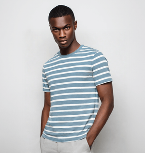 A Man In a Blue And White Striped T-shirt, Showcasing Organic Cotton Fabric.