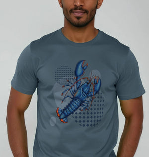 A Man In a Blue T-shirt Featuring a Lobster Design, Promoting The Lobster Love Men's Organic T-shirt.