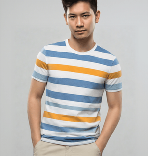 A Man In a Multicolour Striped Shirt Showcasing a Stylish Organic Cotton T-shirt.