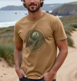 A Man Showcasing The Reconnect To Nature Men's Organic T-shirt.