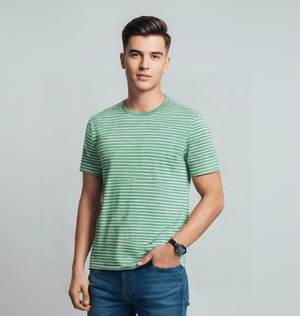 A Man Wearing a Green Striped T-shirt Made Of Organic Cotton.