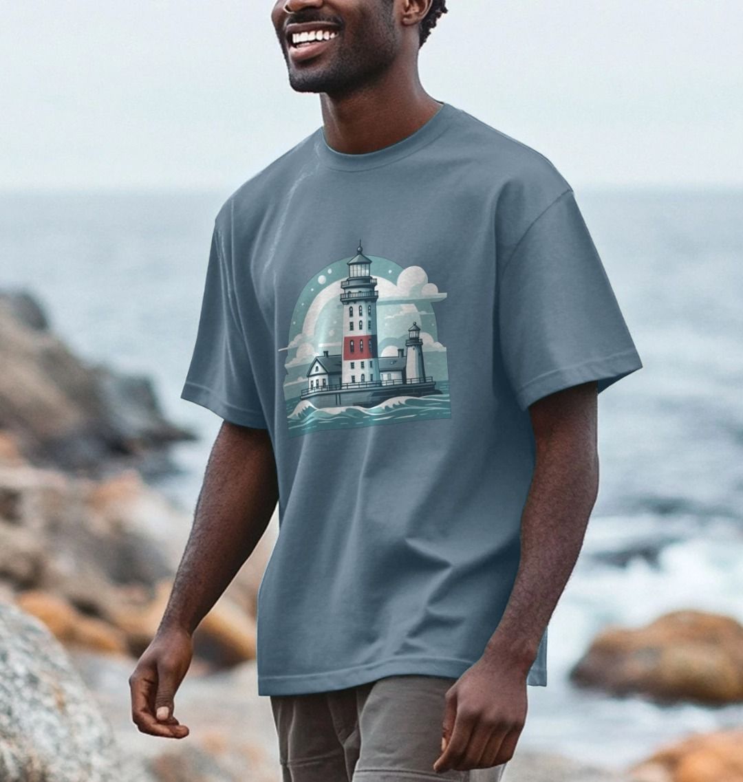 A Man Wearing An Oversized Organic T-shirt Showcasing a Shining Lighthouse Design.