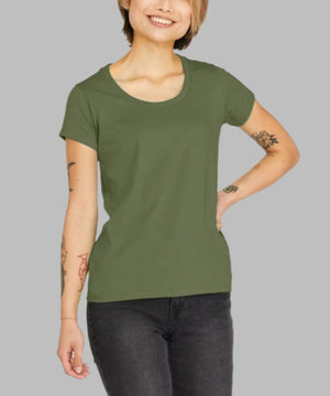 A woman wearing a green scoop neck organic t-shirt, showcasing a casual and eco-friendly style.
