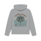 Athletic grey printed hoody back view of a women's relaxed fit hoodie featuring the text "hidden bloom"
