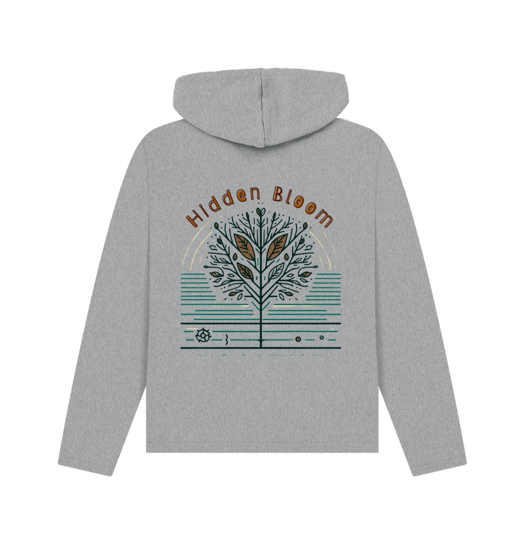 Athletic grey printed hoody back view of a women's relaxed fit hoodie featuring the text "hidden bloom"