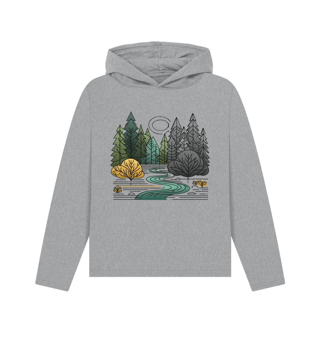 Athletic grey printed hoody featuring a serene forest scene