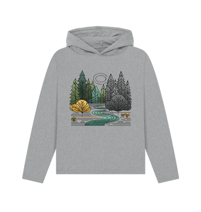 Athletic grey printed hoody featuring a serene forest scene