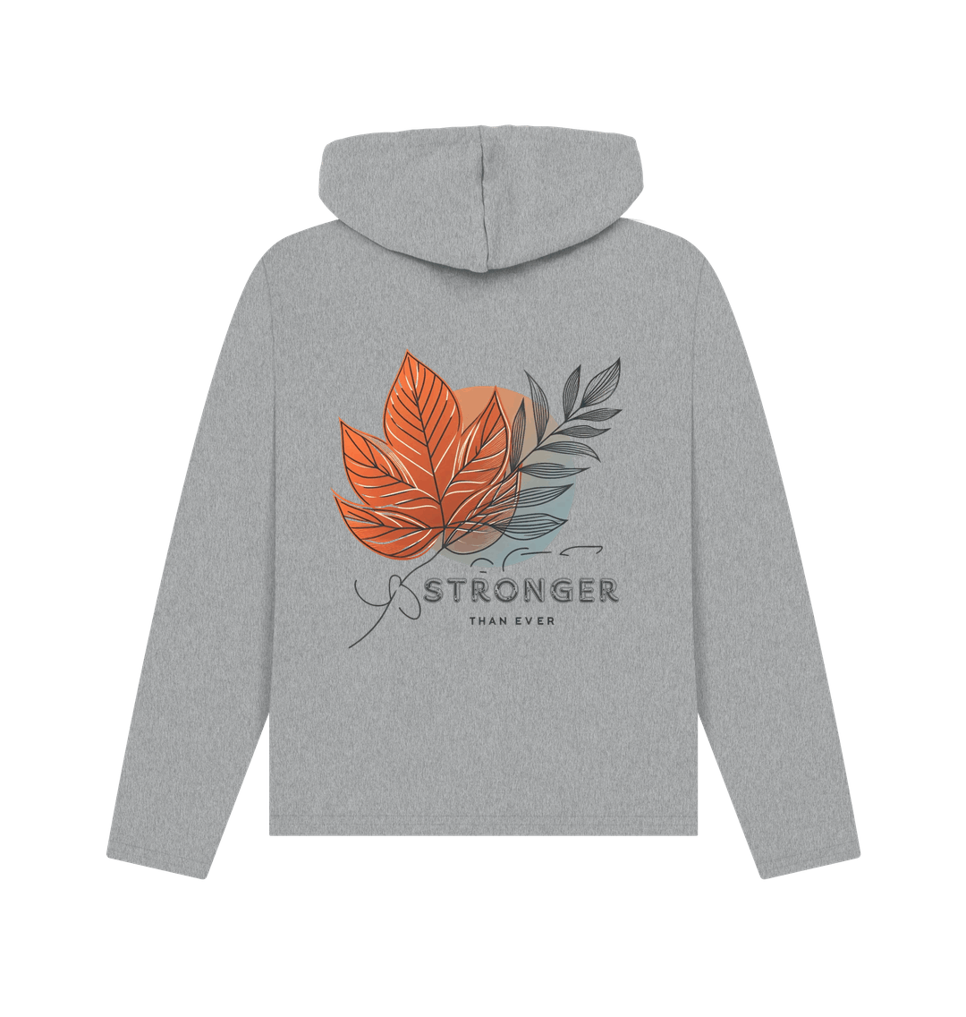 Athletic grey printed hoody "stronger than ever," showcasing a comfortable and stylish design.