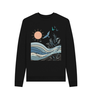 Black Printed birds women's crewneck organic jumper