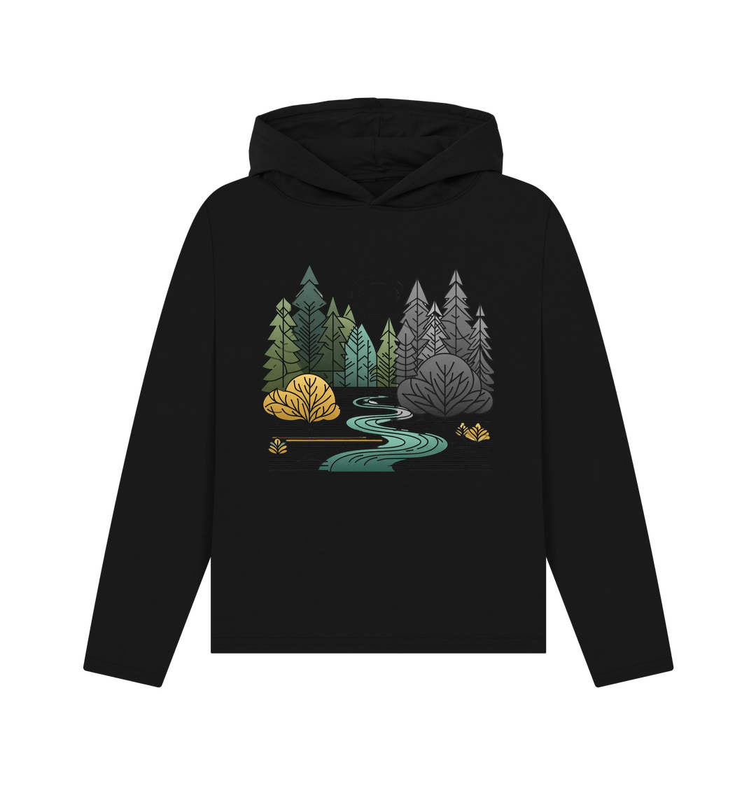 Black printed hoody featuring a serene forest scene