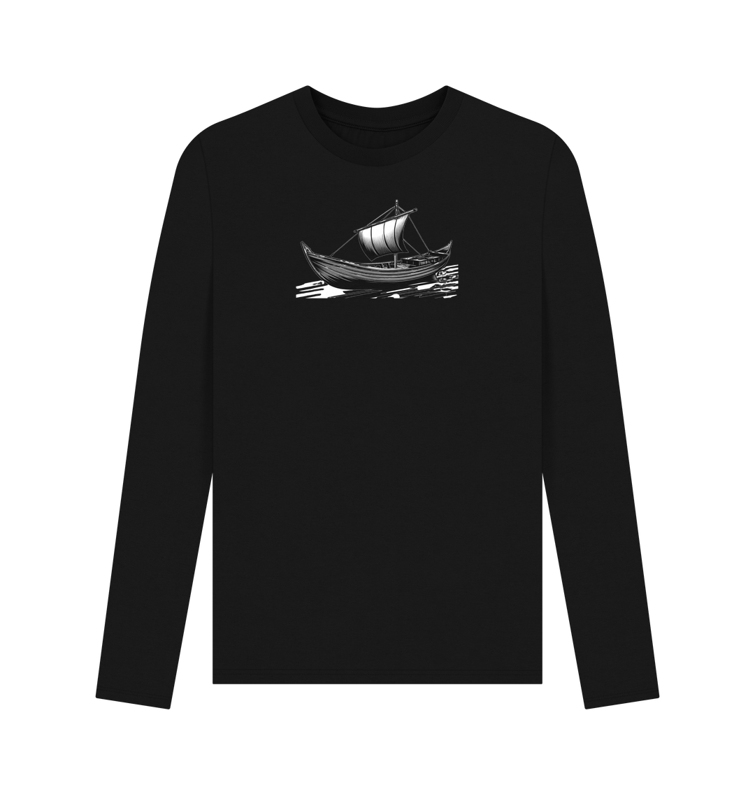 Black Printed Long Sleeve T-Shirt Showcasing a Boat Print