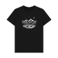 Black Printed T-shirt Featuring a Scenic Mountain Design.