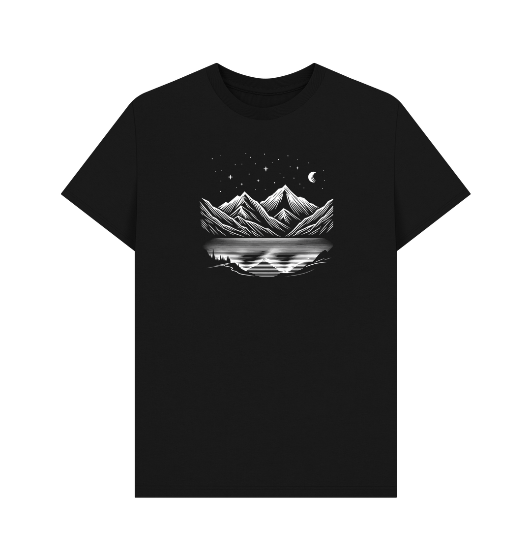 Black Printed T-shirt Featuring a Scenic Mountain Design.