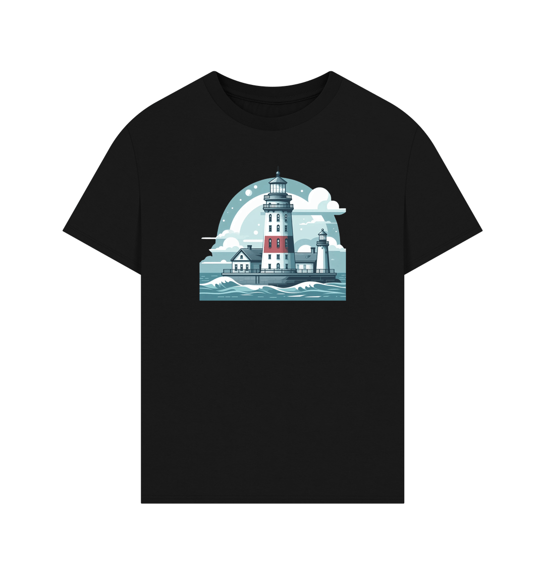 Black Printed T-shirt Showcasing a Shining Lighthouse Design.
