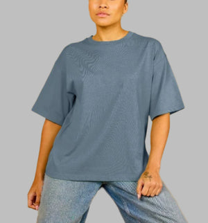 Blue women's oversized fit organic t-shirt with short sleeves.