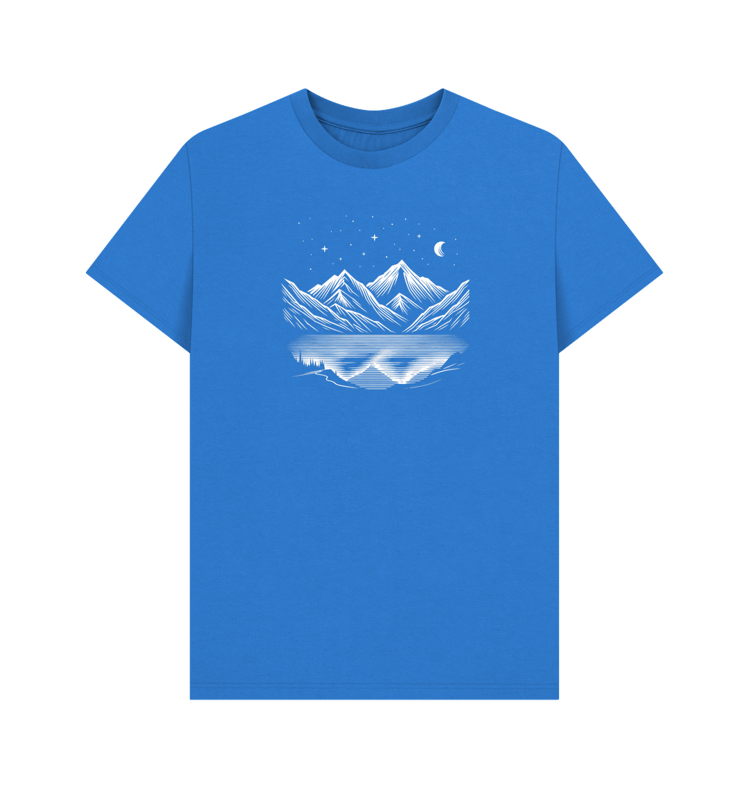 Bright Blue Printed T-shirt Featuring a Scenic Mountain Design.