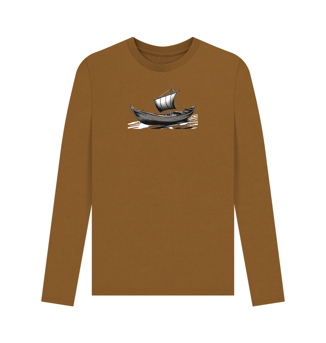 Brown Printed Long Sleeve T-Shirt Showcasing A Boat Print