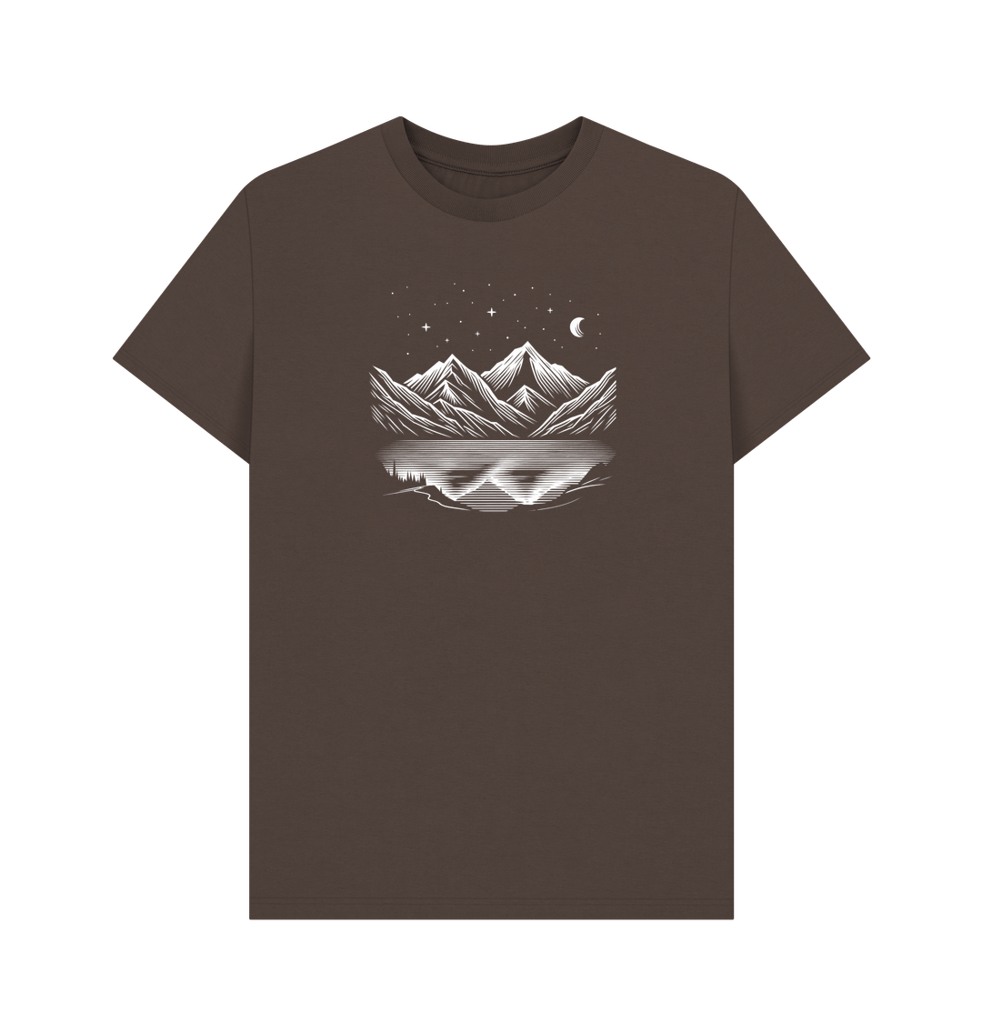 Chocolate Printed T-shirt Featuring a Scenic Mountain Design.