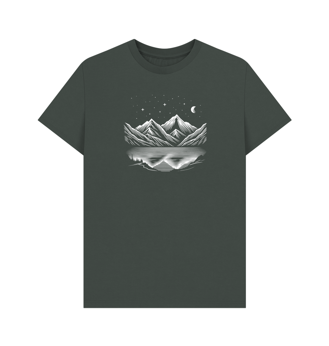 Dark Grey Printed T-shirt Featuring a Scenic Mountain Design.