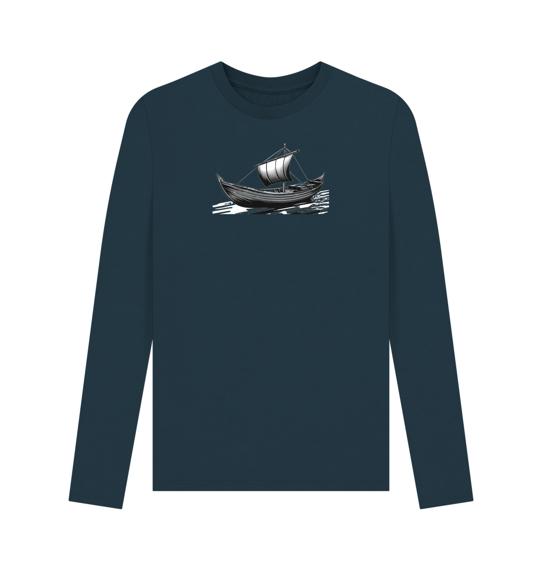 Denim Blue Printed Long Sleeve T-Shirt Showcasing a Boat Print
