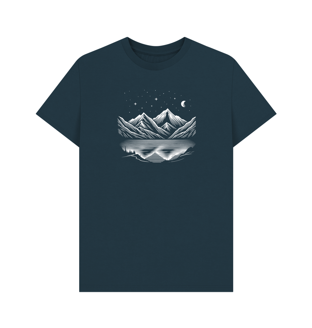 Denim Blue Printed T-shirt Featuring a Scenic Mountain Design.