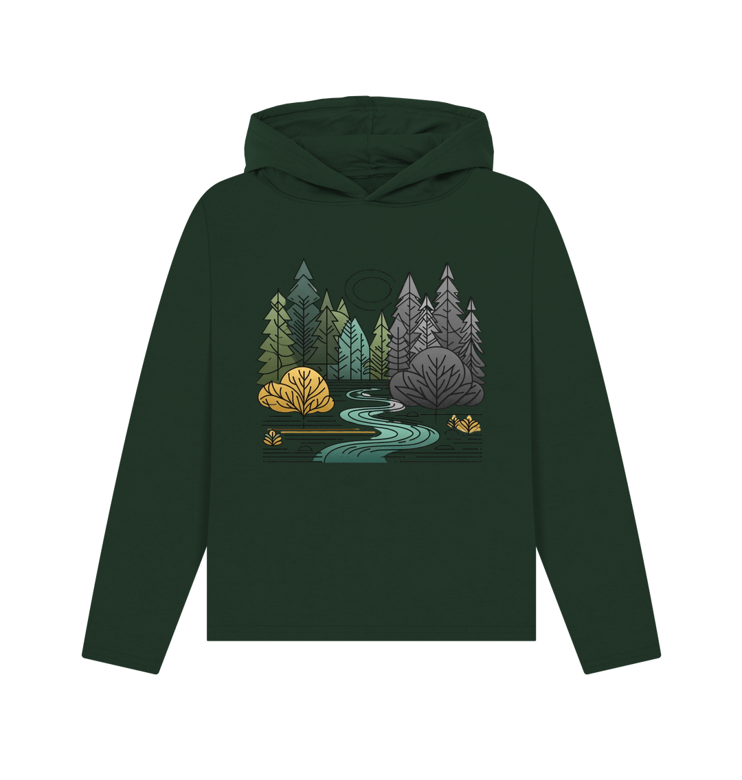 Evergreen printed hoody featuring a serene forest scene