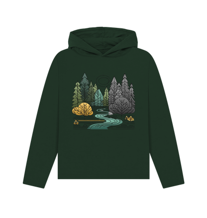 Evergreen printed hoody featuring a serene forest scene