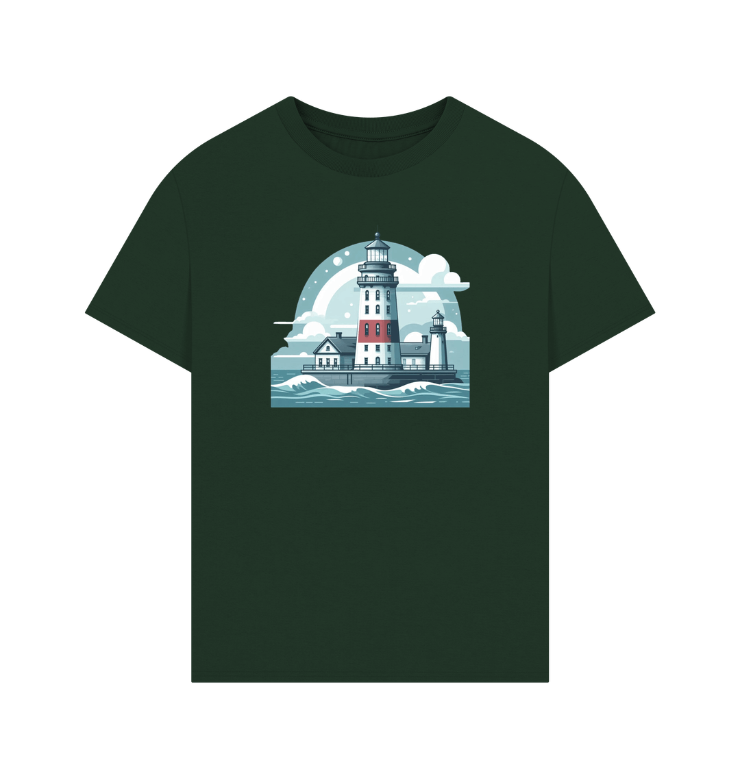 Evergreen Printed T-shirt Showcasing a Shining Lighthouse Design.