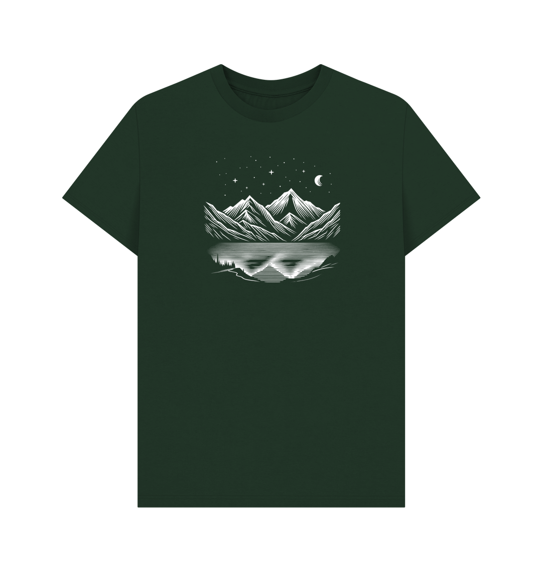 Green Evergreen Printed T-shirt featuring a scenic mountain design.