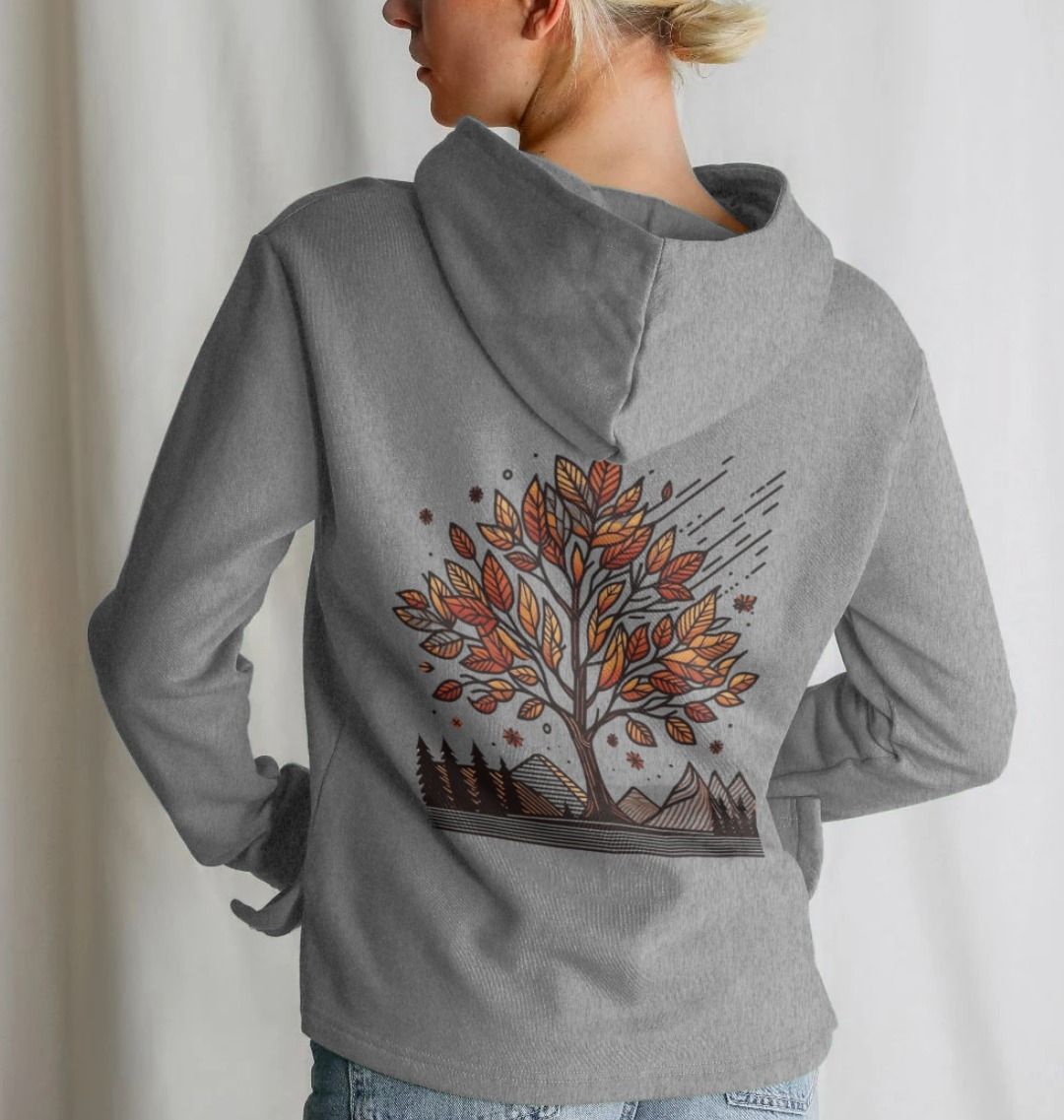 Grey hoodie printed hoody featuring an autumn tree design