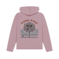 Mauve printed hoody back view of a women's relaxed fit hoodie featuring the text "hidden bloom"