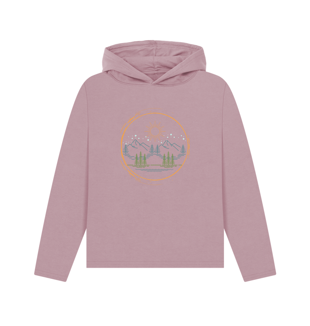 Mauve printed hoody featuring a mountain scene