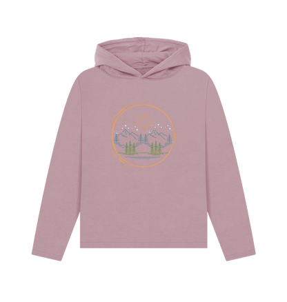 Mauve printed hoody featuring a mountain scene