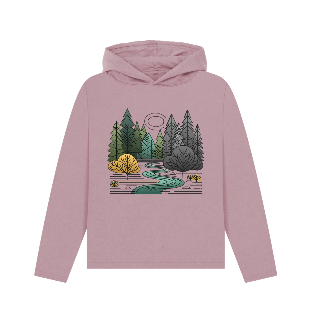 Mauve printed hoody featuring a serene forest scene
