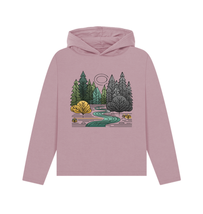 Mauve printed hoody featuring a serene forest scene