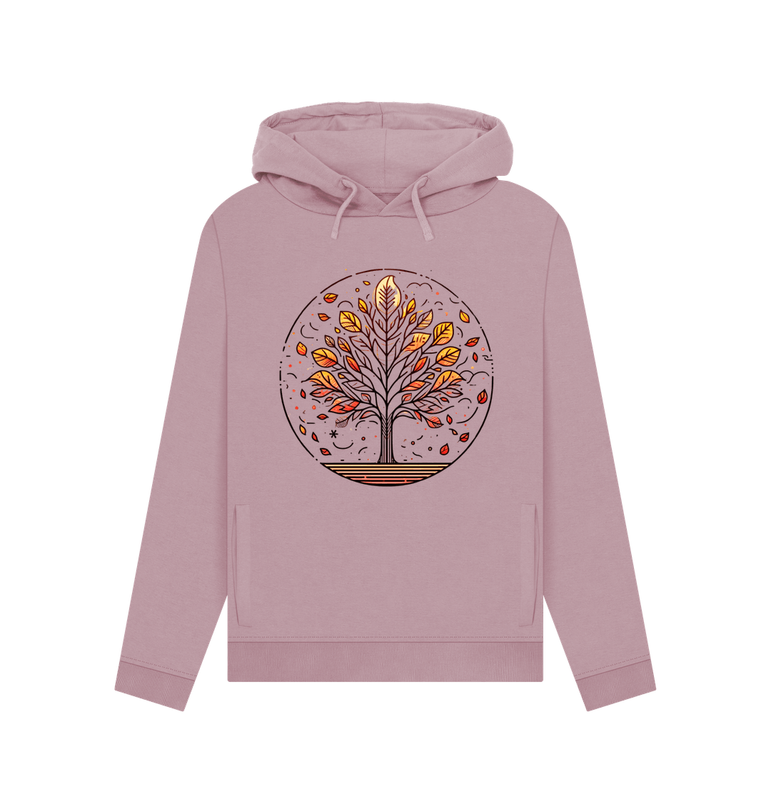 Mauve printed hoody featuring an autumn tree design
