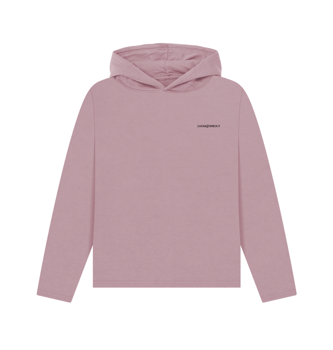 Mauve printed hoody "stronger than ever," showcasing a comfortable and stylish design.