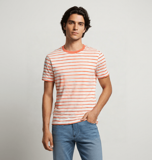 Model Displays A Coral Striped T-shirt Made Of Organic Cotton For Men.