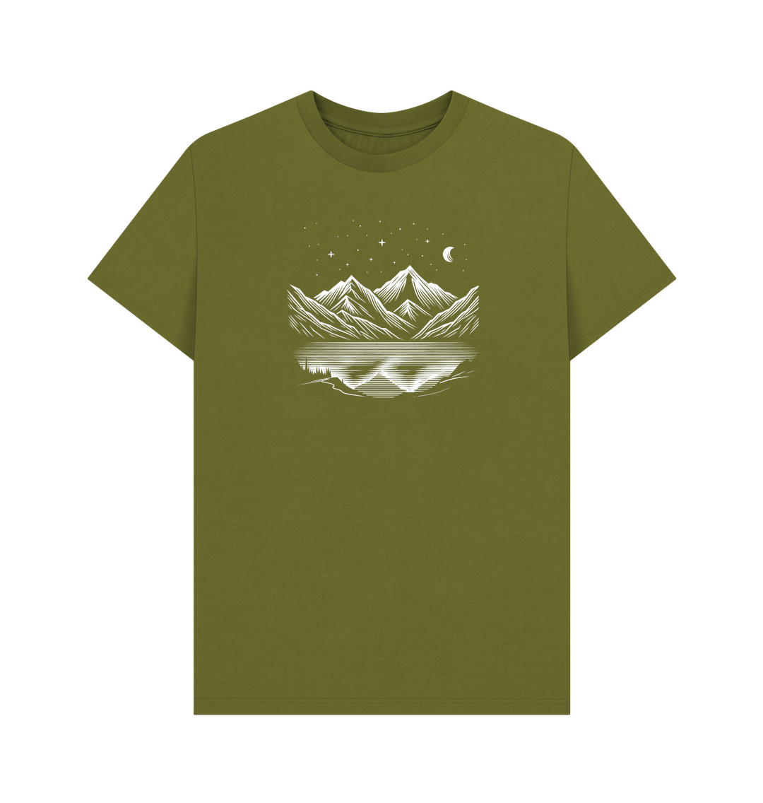 Moss Green Printed T-shirt Featuring a Scenic Mountain Design.