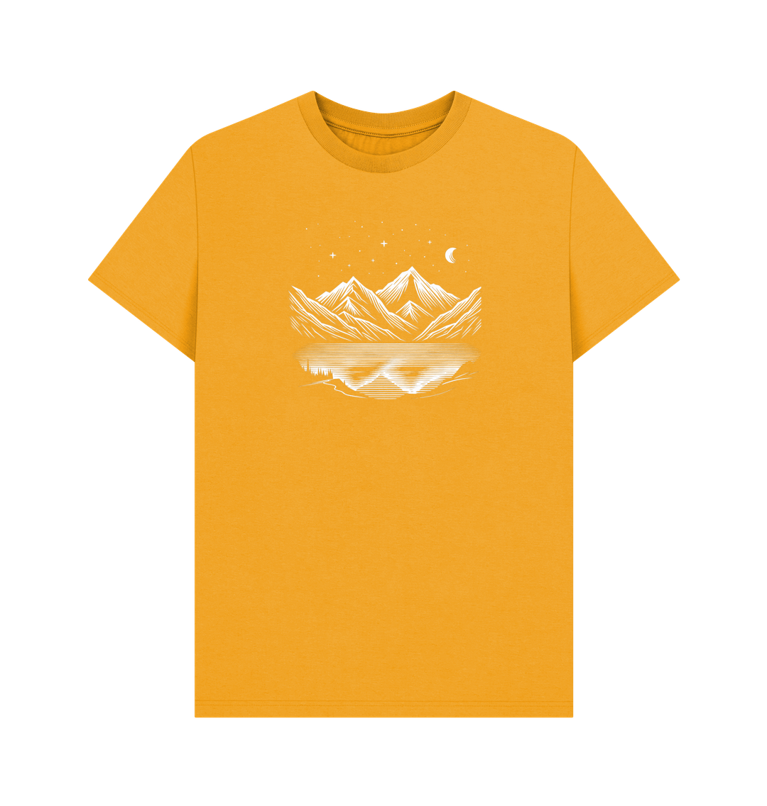 Mustard Printed T-shirt Featuring a Scenic Mountain Design.