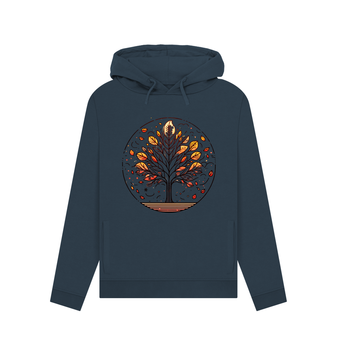 Navy blue printed hoody featuring an autumn tree design