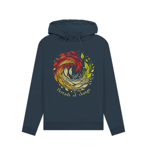 Navy Blue Printed Hoody Featuring The Phrase "threads Of Change"