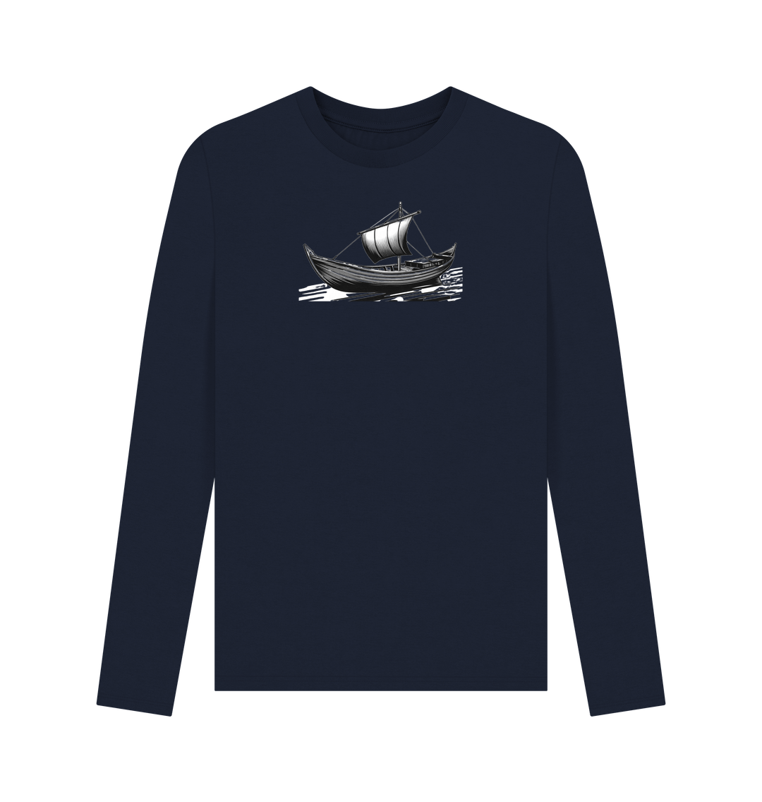 Navy Blue Printed Long Sleeve T-Shirt Showcasing a Boat Print