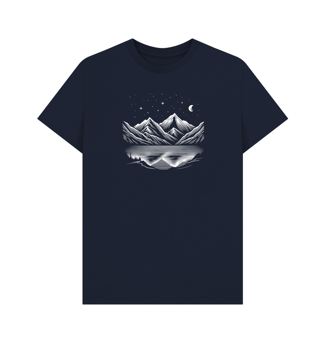 Navy Blue Printed T-shirt Featuring a Scenic Mountain Design.