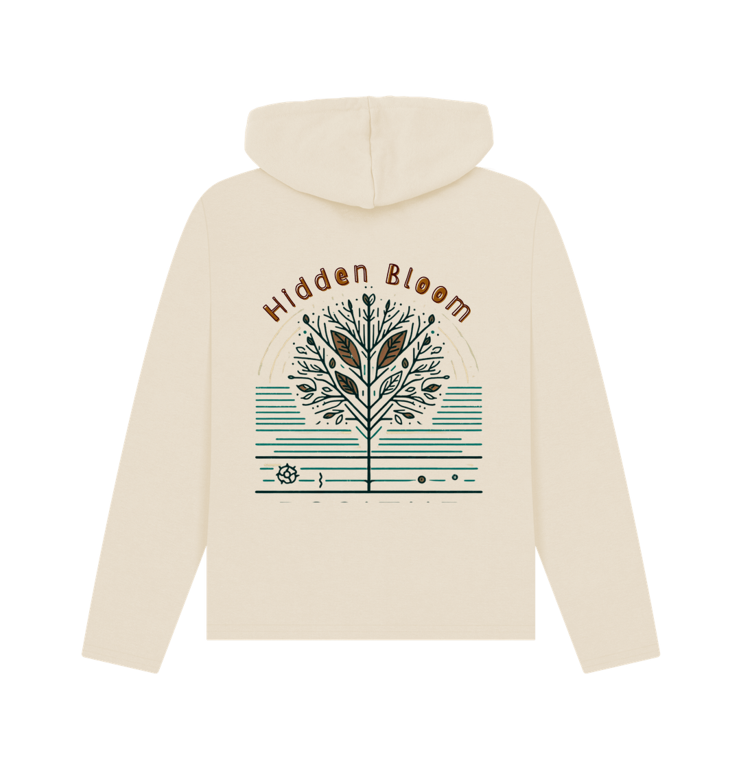 Oat printed hoody back view of a women's relaxed fit hoodie featuring the text "hidden bloom"