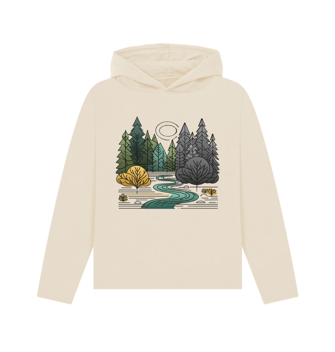 Oat printed hoody featuring a serene forest scene